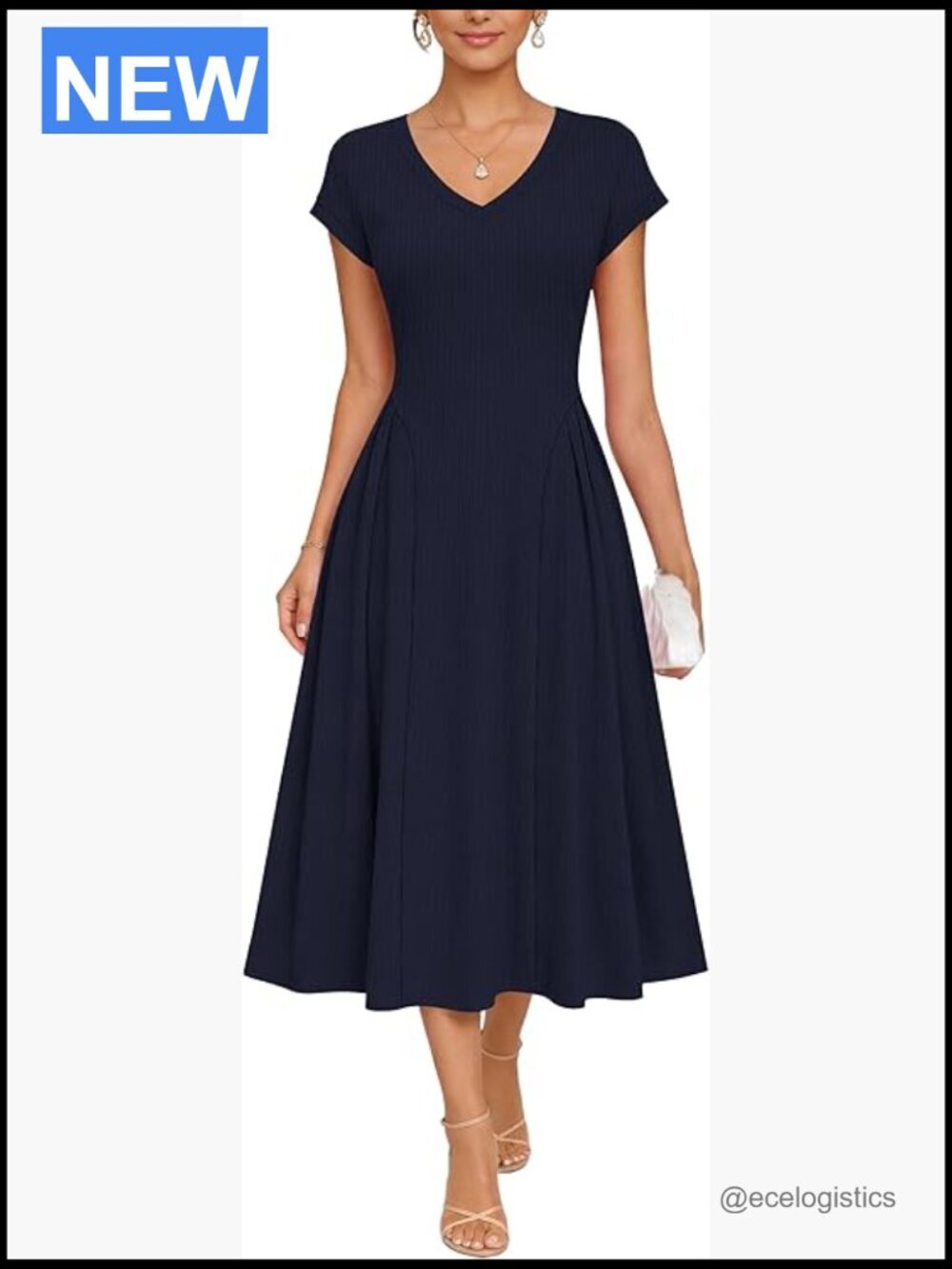Women's Summer Midi Dress Waffle Knit V Neck Cap Sleeve A-Line with Pockets